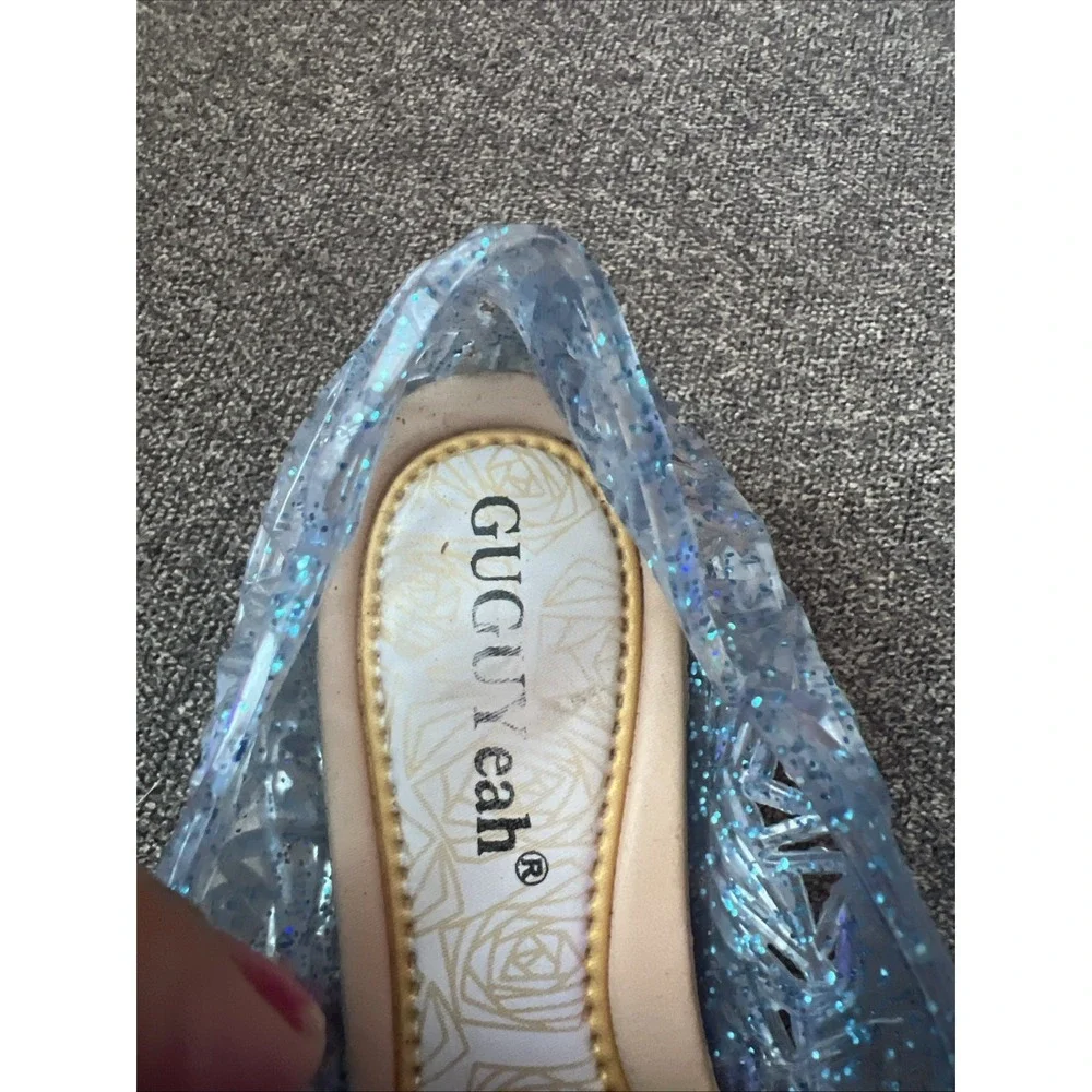 GUGUYeah Jelly Shoes Kids Size 31 Blue Glitter Rose Cutout Mary Jane Flats